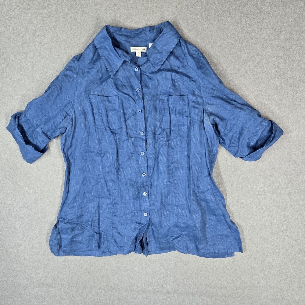 Coldwater Creek Women Button Up Shirt 2X Blue Linen Tunic Coastal READ